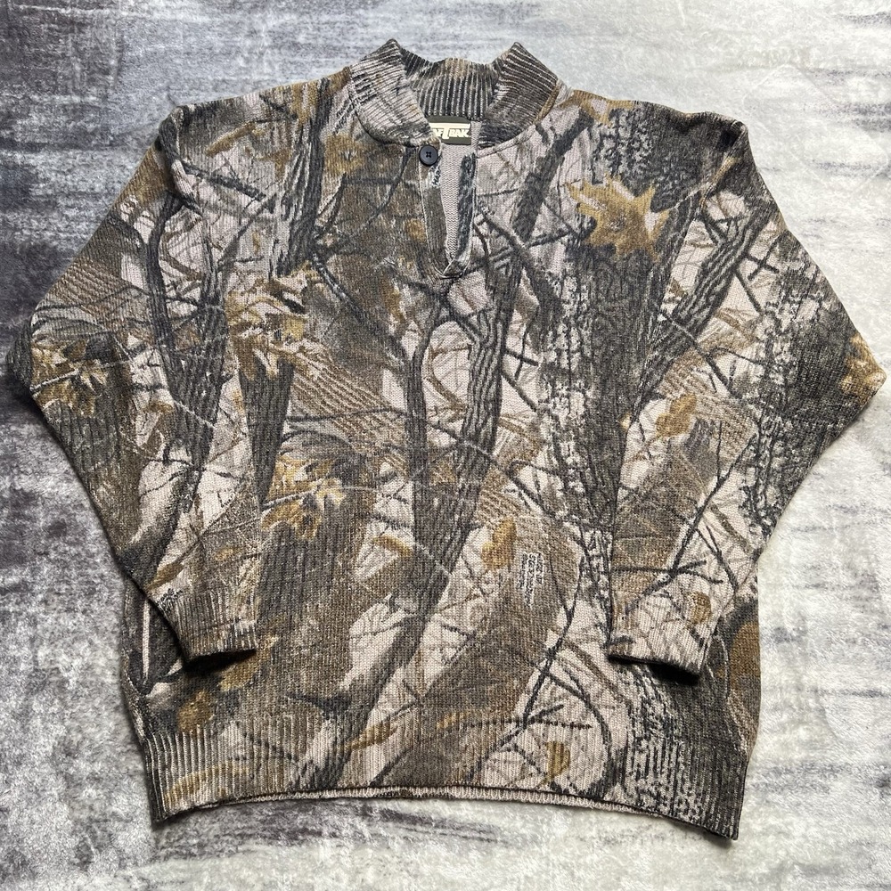 SAF-TRAK Sweater Mens 2XL Brown Camouflage Mock Neck Henley Knit Hunting Wool